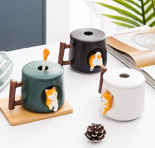 Cute Shiba Coffee Mug With Lid And Spoon Ceramic Coffee Cups - Temu