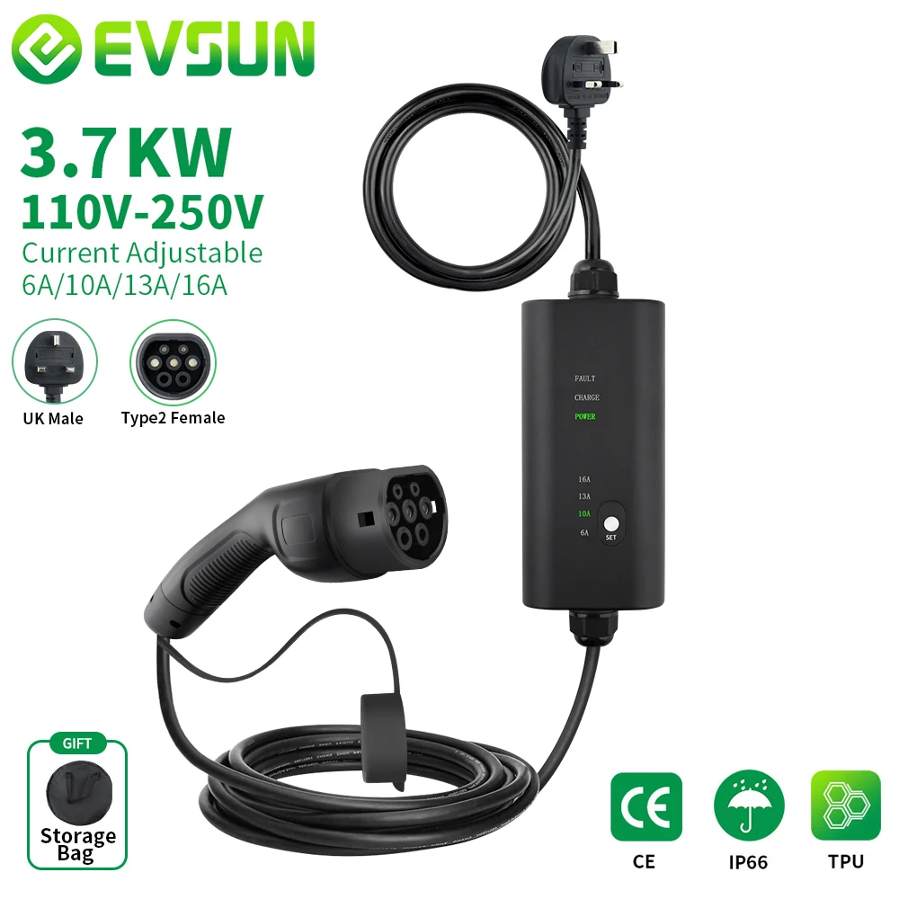 EVSUN Car Portable EV Charger Type 2 IEC62196 2 16A EVSE Electric