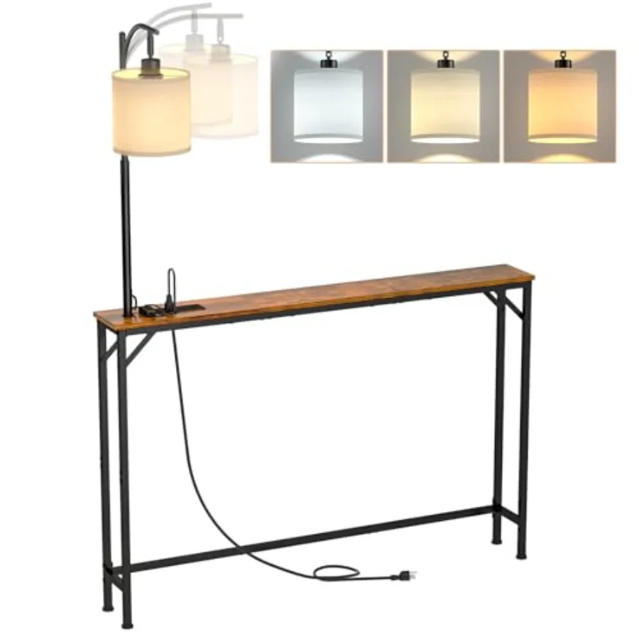 Skinny Console Table with Outlet Narrow Sofa Table with 3-Color Light Behind Couch Table with 3 Color Temperatures Led Bulb for