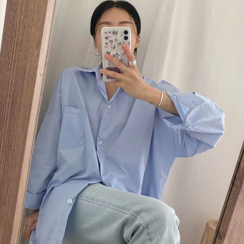 

Lucyever Korean Fashion Single Breasted Turn Down Collar Shirts Women Single Solid Colour Long Sleeve Loose Shirts Top Office