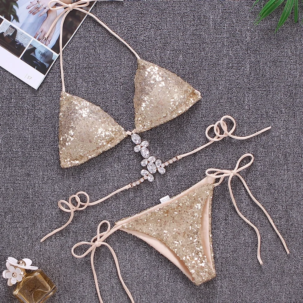 Rhinestone Bikini Swimsuit - Sexy Push-Up Swimwear for Women