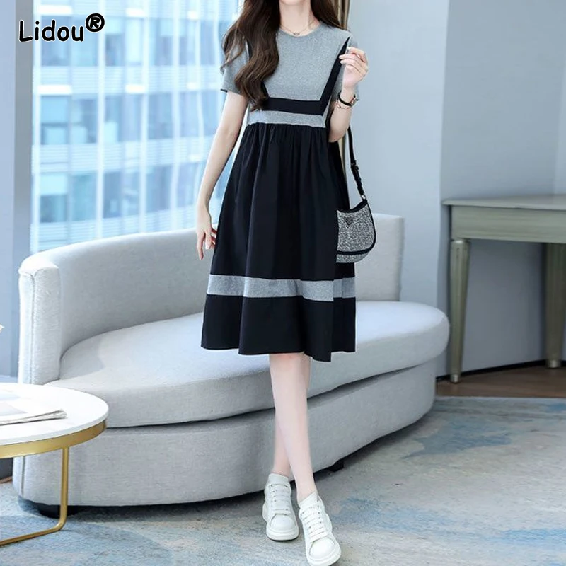 

Comfortable Round Neck Loose Knee Skirts Dresses Simplicity Short Sleeve Patchwork Fashion Casual Solid Women's Clothing 2023
