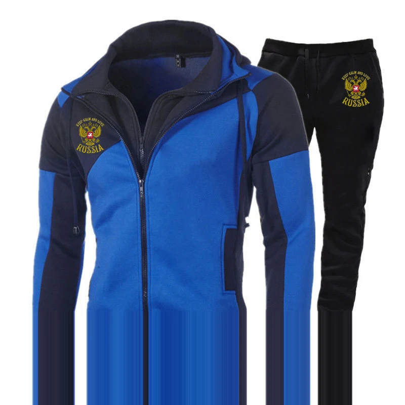 Russian badge Golden Eagle printing 2023 men's diagonal zipper suit hooded coat+trousers autumn sports suit casual sportswear su