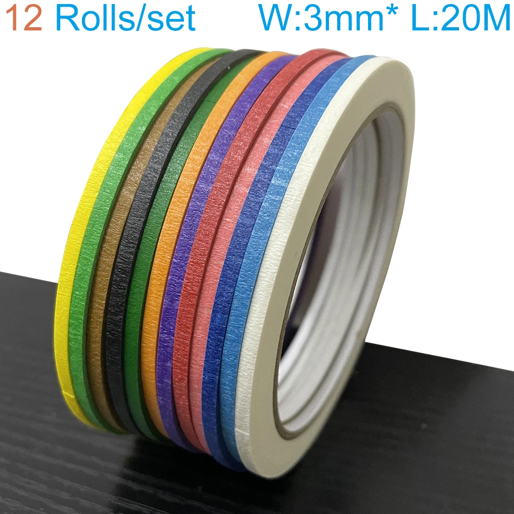 12 Pcs/set Rainbow Solid Color Masking Washi Sticky Paper Tape Adhesive Printing DIY Scrapbooking Deco 3mm Wide 20M Length