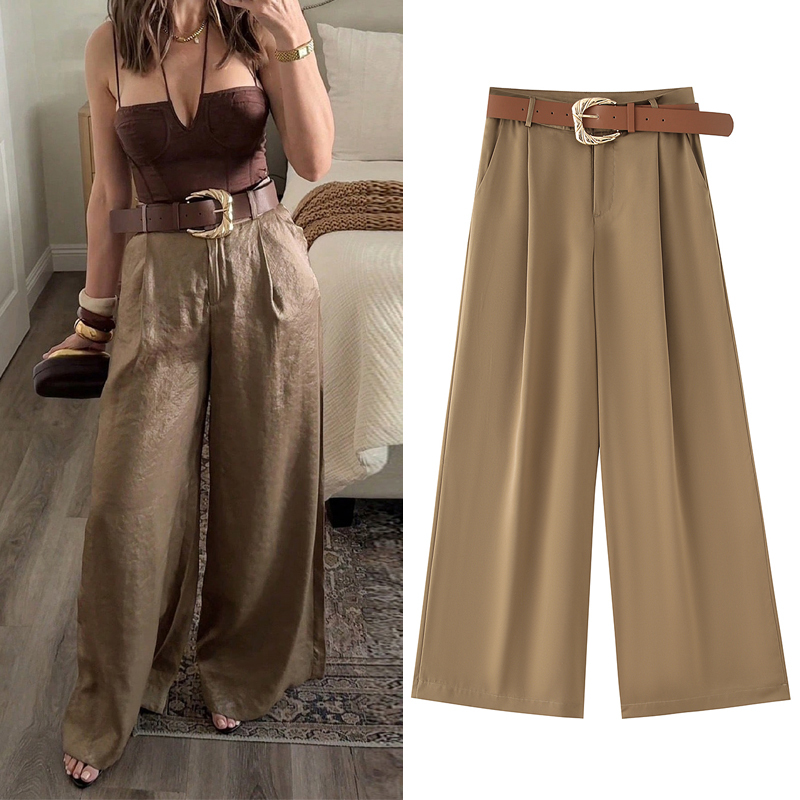 TRAF 2025 Women's Pants Wide Leg Pants Women Baggy Pants Casual Fashion Long Trousers Office Ladies Summer Khaki High Wasit