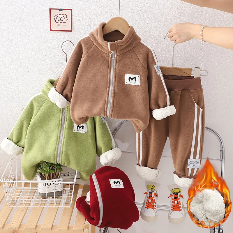 

Children's Autumn/Winter Fashion Plush Thicken Coat Set Girls' Letter Top+Pants 2-piece Boys' Casual Stripe Tracksuit 9M-5 Years