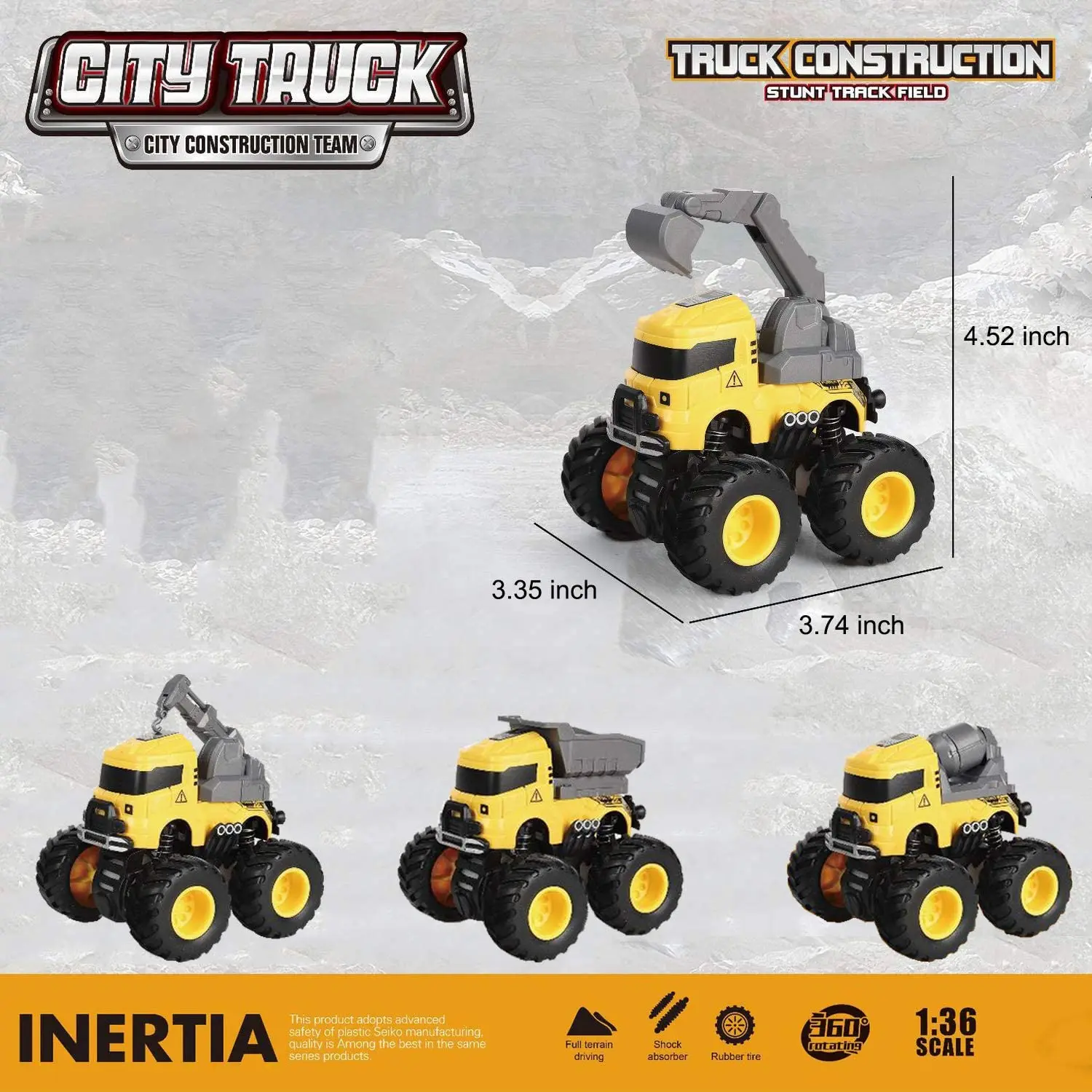 4 Pcs Pull Back Cars Construction Excavator Toy Truck Friction Powered Push/Go Toy Cars for 3+ Year Old Toddlers Kids Boys Girls 6
