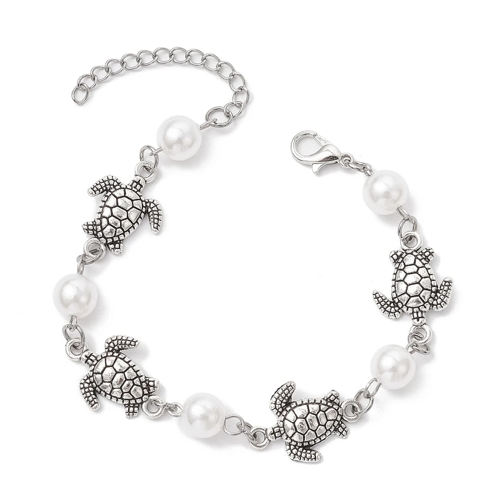 PandaHall 20 Stück Armbänder aus Legierung mit Schildkrötenmotiv aus der Ocean-Serie, antikes Silber, Platin, ABS-Imitationsperlen für Damenschmuck – Detail 1