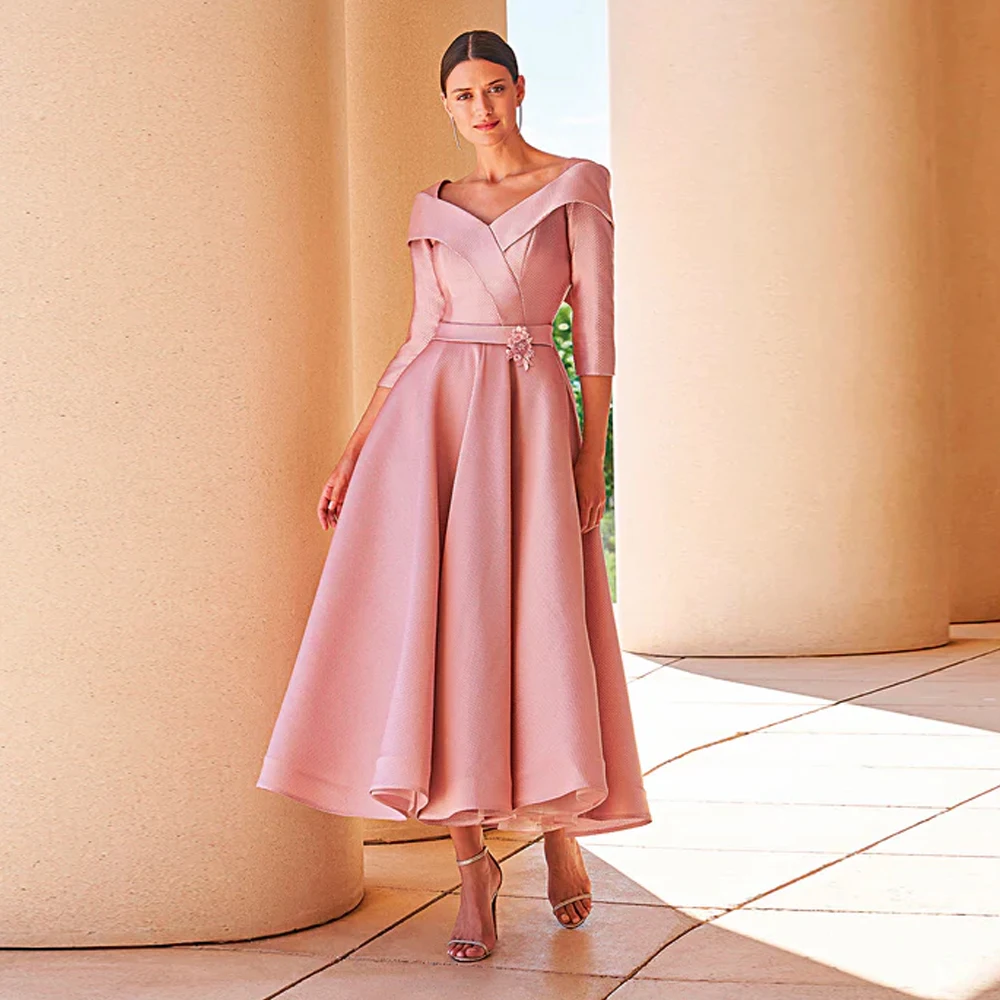 Elegant Pink Mother of the Bride Dresses V Neck 3/4 Sleeves Wedding Party Gowns Bow Satin A-Line Ankle Length فساتين السهرة mother bride dresses women party dresses