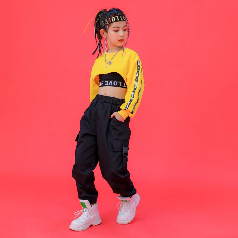 Hiphop Pants Suit Girls Jazz Street Dance Wear Children\'S Day New Summer Hip-Hop Dance Costumes For Kids Yellow Crop Top