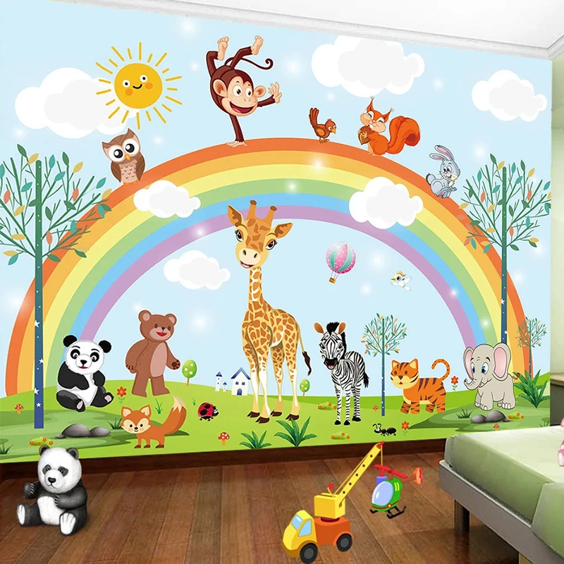 3D Hand Painted Cartoon Rainbow Animal Kindergarten Children Baby Room Bedroom Wardrobe Wallpaper Wall Mural Sticker Home Decor