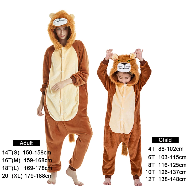 Winter Kigurumi Lion Unicorn Pajamas for Boys Girls Pyjama Animal Cartoon Women Sleepwear Onesie Kids Jumpsuit Pijamas Overalls