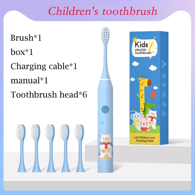 thumbnail image 1 of Cepillo de dientes eléctrico para niños con dibujos animados para niños con mini cabezal de repuesto ultrasónico IPX7, recargable, resistente al agua, 1 of 5