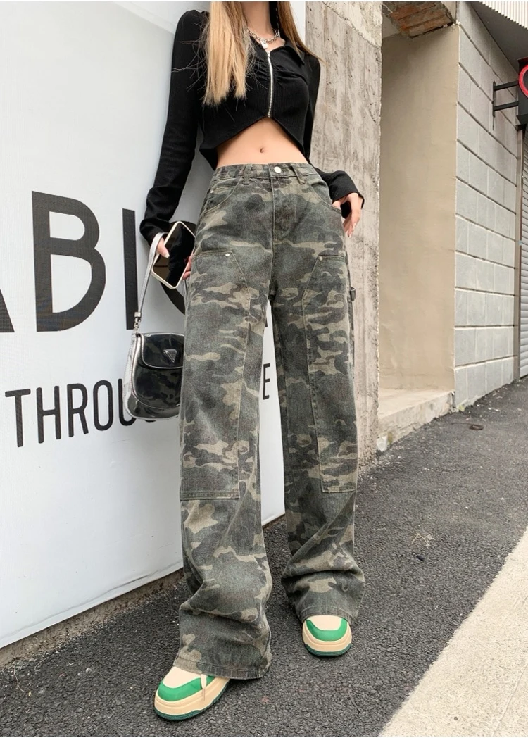 Geumxl High Waist Camouflage Denim Cargo Pants Womens 2022 New Autumn