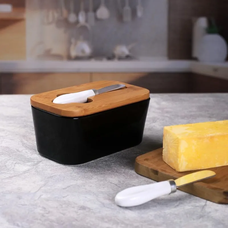 Simple Ceramic Butter Dish with Bamboo Cover Butter Knife Rectangular Sealed Jar Western Cheese Box Storage Jar Tableware butter storage box,ceramic sauce dishes