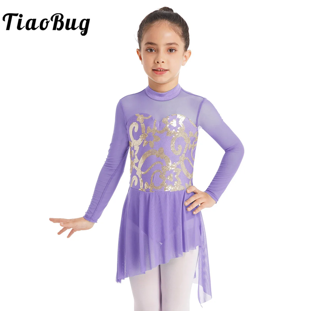 

Kids Girls Floral Sequins Ballet Gymnastics Leotard Dress Long Sleeve Lyrical Dancewear Competition Figure Ice Skating Dress