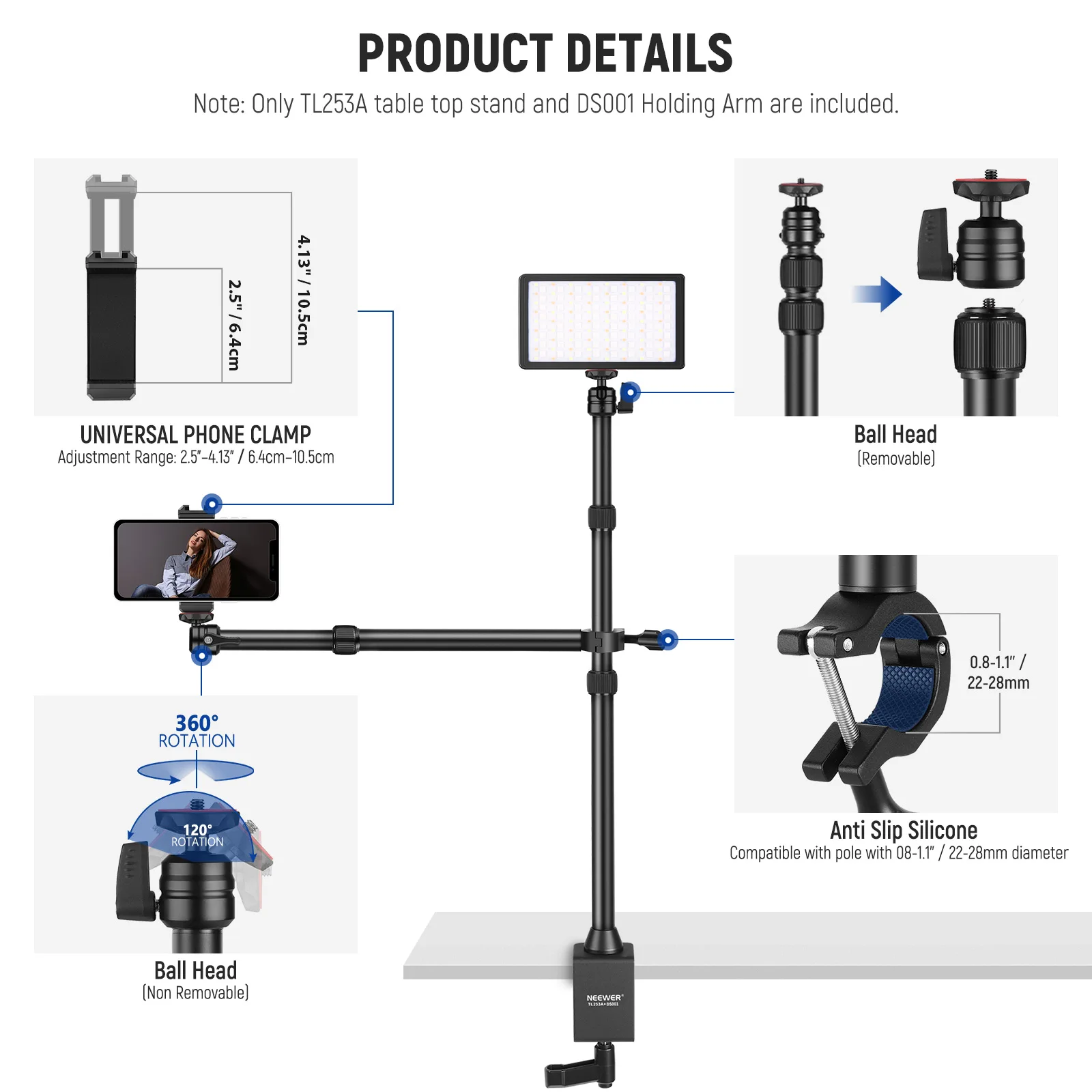 Tabletop Overhead Camera Mount Stand with 2 Section Telescopic Extension Arm, Sc