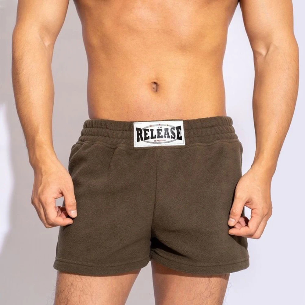 Mens Sexy Solid Color Polar Fleece Shorts 2024 Spring New Fashion Home Simple Warm Loose and Comfortable Shorts for Men