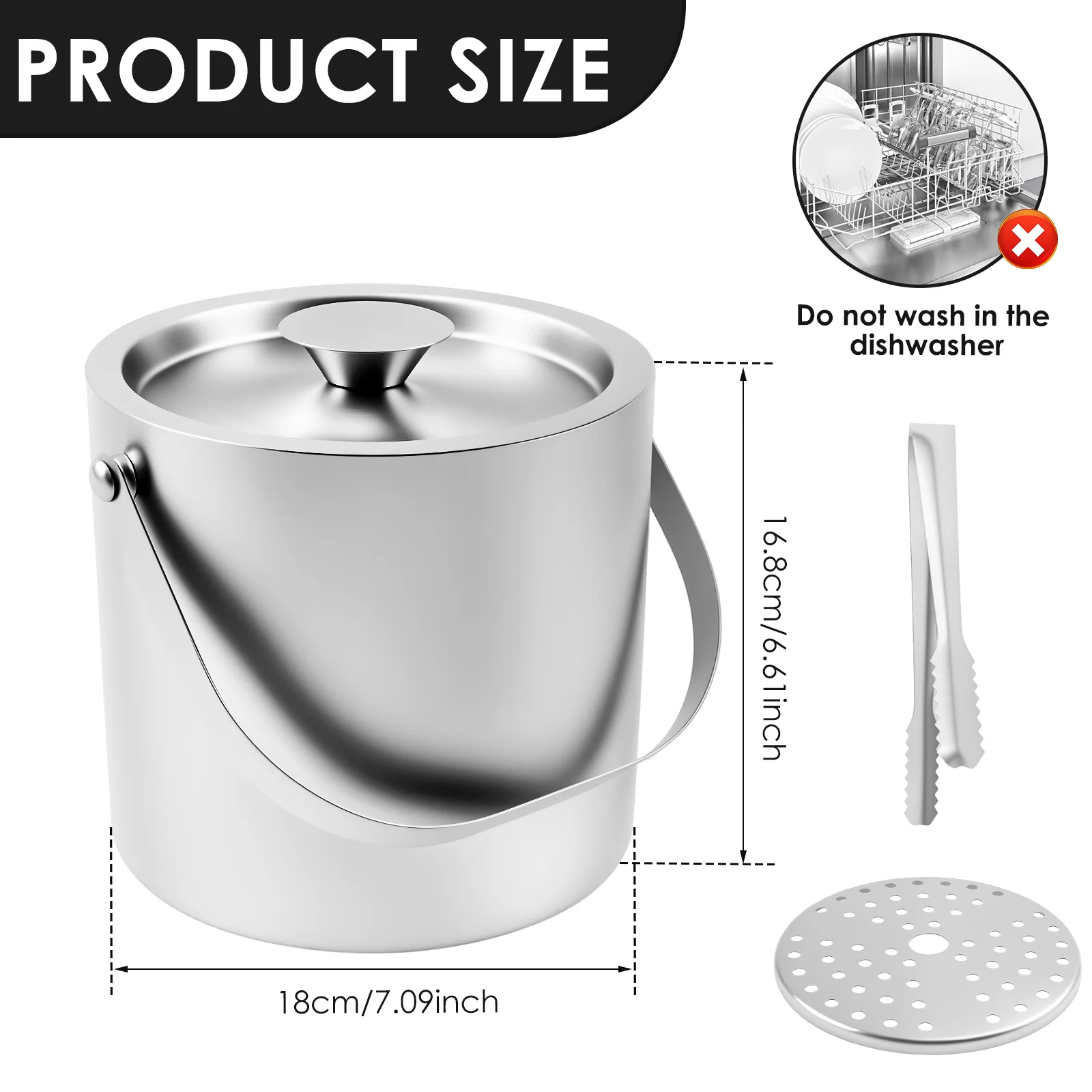 Ice Bucket with Handle 3L Double Wall Insulated Ice Container Bin Stainless Steel Icing Cube Container with Clip Strainer