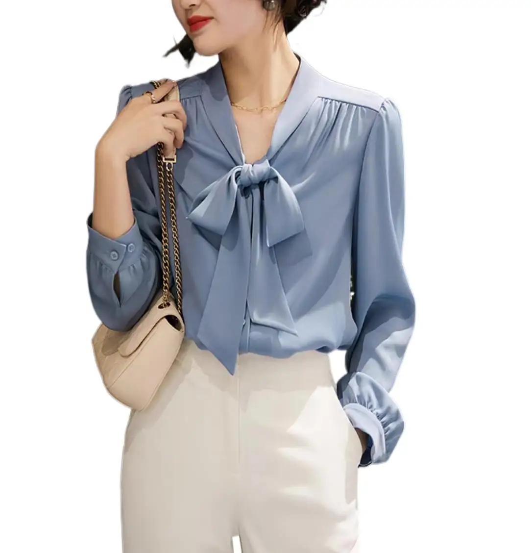 

2023 Women's ClothingEarly Autumn Versatile Top Ribbon Bowknot Long Sleeve Shirt