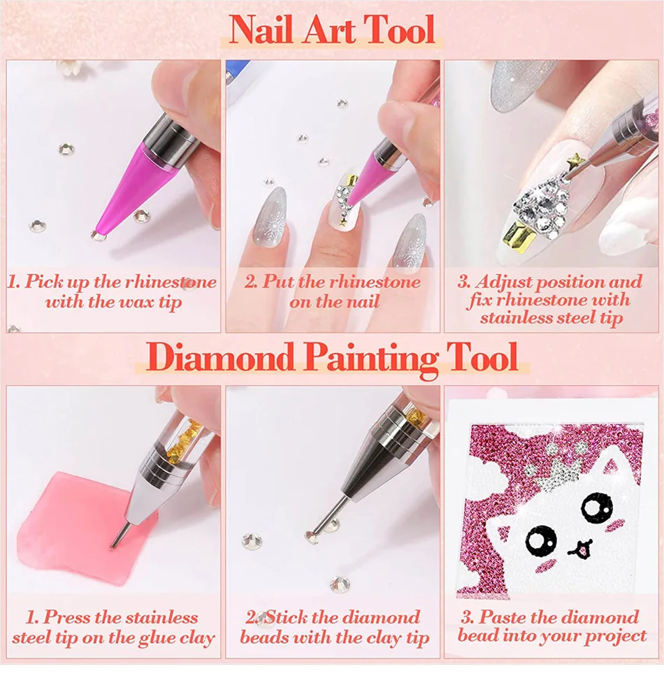 Description Picture 4 of item1PC Rhinestone Wax Pencil Double Head Crystal Picking Pen Crystal Handle Stone Picker Nail Art Pencil Acrylic DIY Dotting Tools