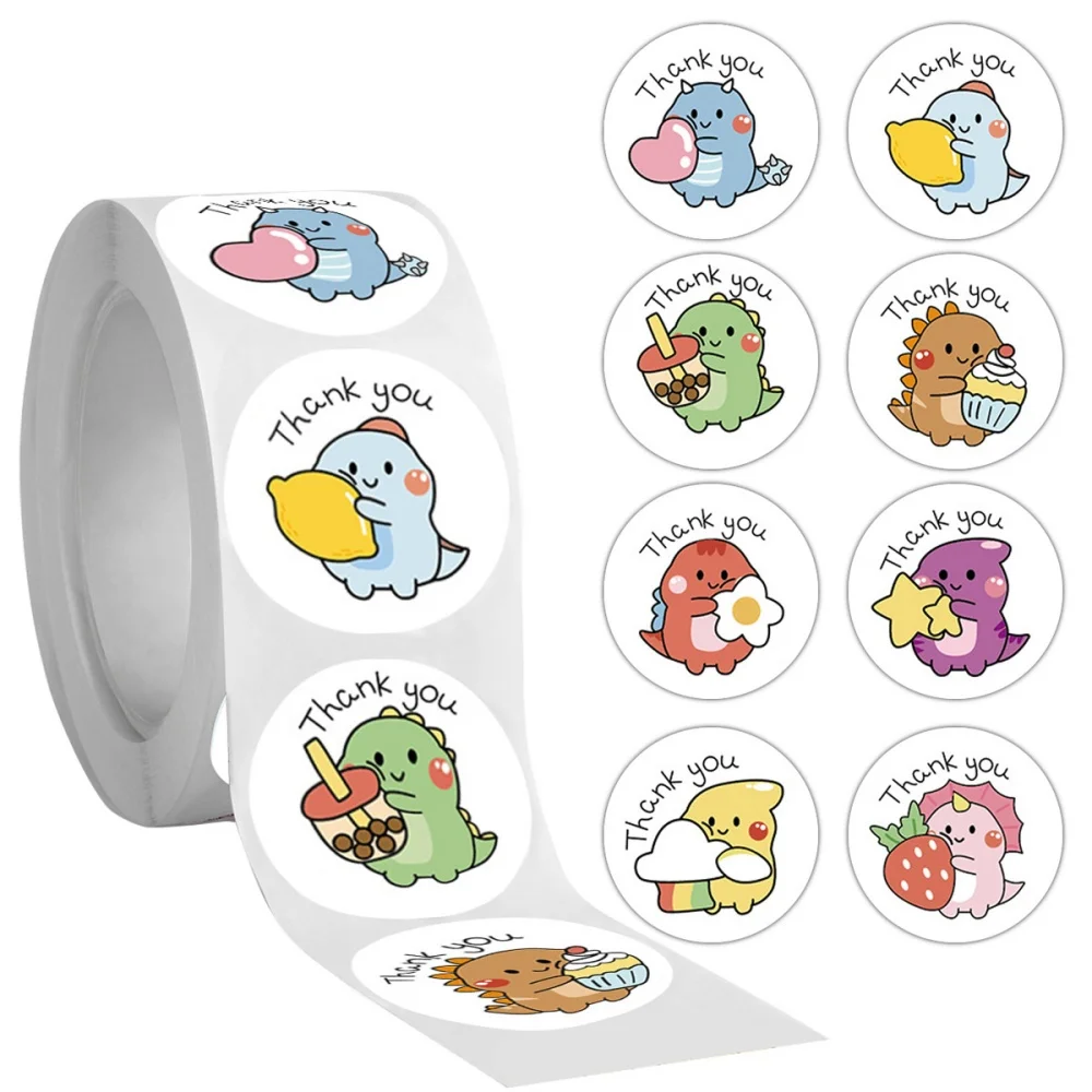 Roll of cartoon dinosaur thank you stickers