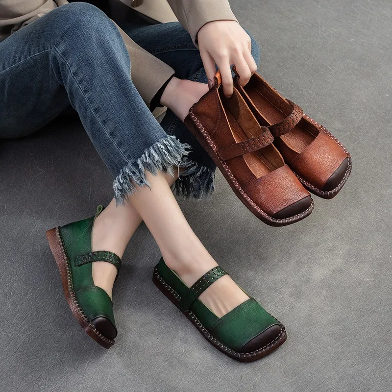 

Birkuir Original Genuine Leather Mary Jane Shoes Sqaure Toe Flats Women Shoes Retro Hook Loop Chinese Style Soft Ladies Shoes
