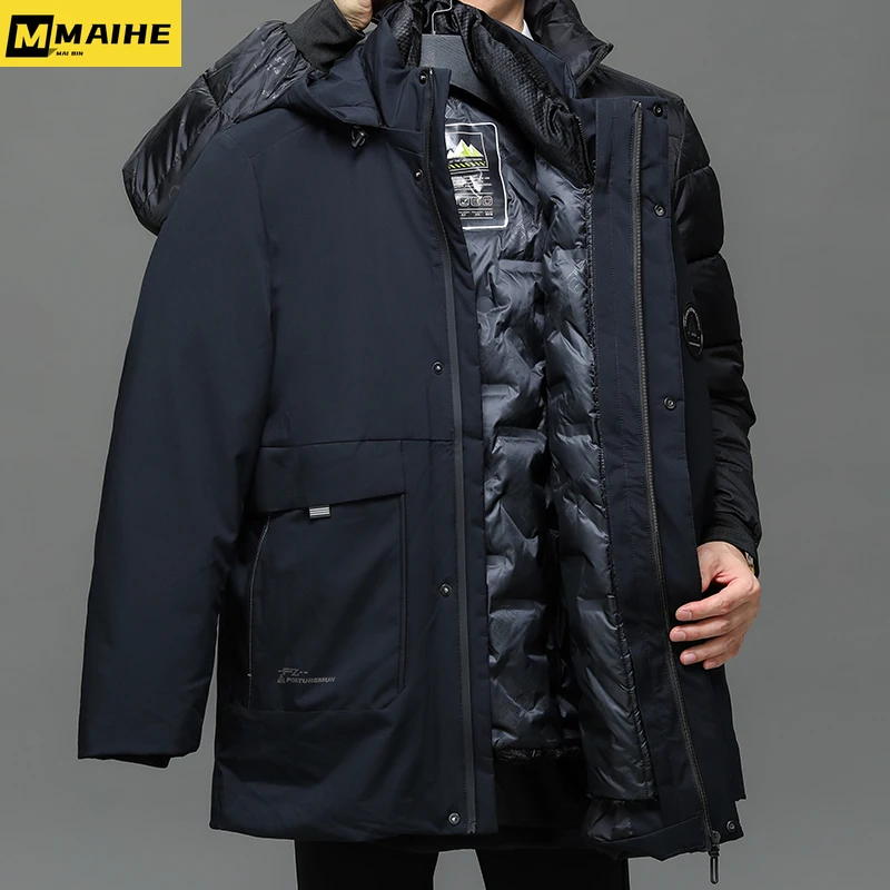 Men's Winter Hooded Down Jacket Business Casual Thickened Warm Large Pocket Parka Men's Padded Goose Down Padded Jacket