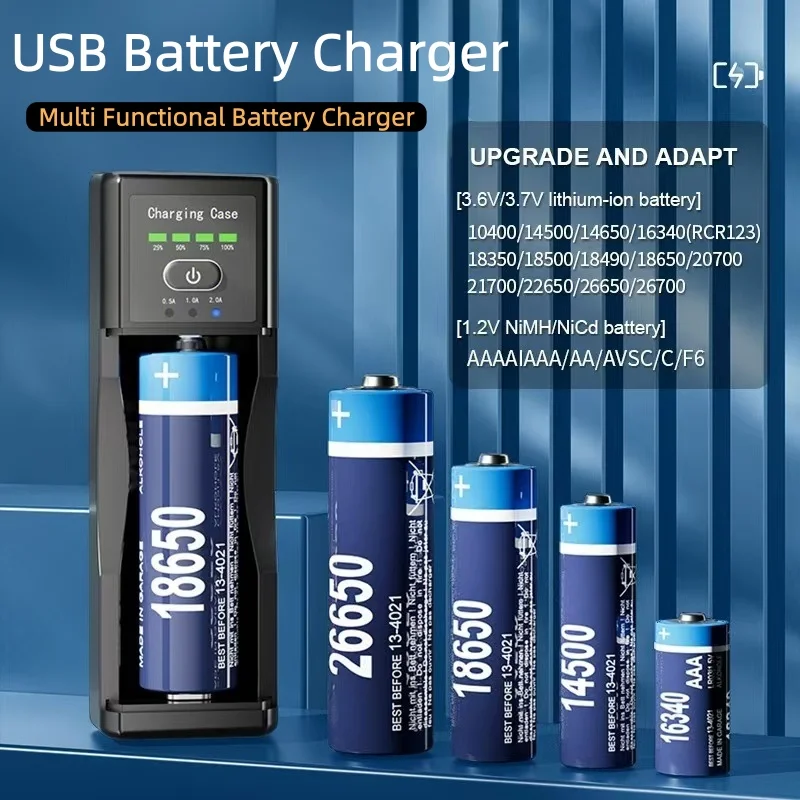 USB Lithium Battery Single Slot Smart 2A Charge Battery Charging Box Suitable for 3.6V/3.7V Li-Ion Batteries