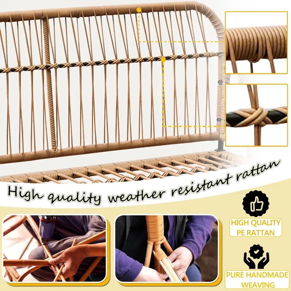 Outdoor L-Shaped Patio Chairs Set, Boho Woven Balcony Furniture Set of 3,Boho Woven Balcony Furniture Conversation Sofa 3