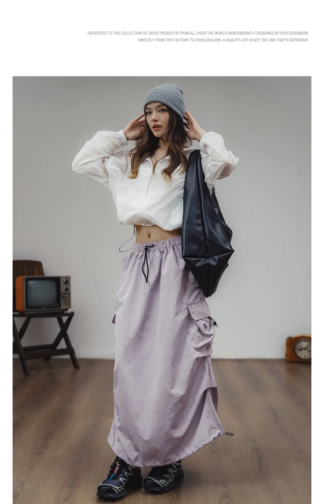 Maden Women Vintage Workwear A-line Skirts Multi-Pocket Tie Draw Pleat Skirt Mid-waist Loose Skirt Spring and Autumn Street Wear