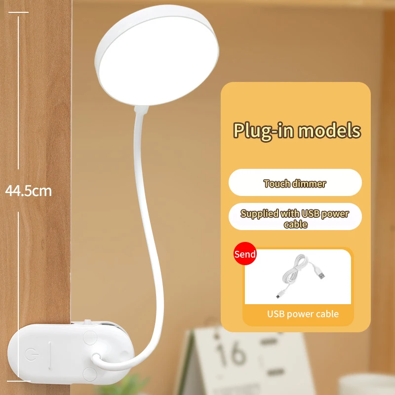 Portátil usb candeeiro de mesa plug-in/rechargeable clipe cama leitura luz da noite led toque 3 modos escurecimento proteção para os olhos