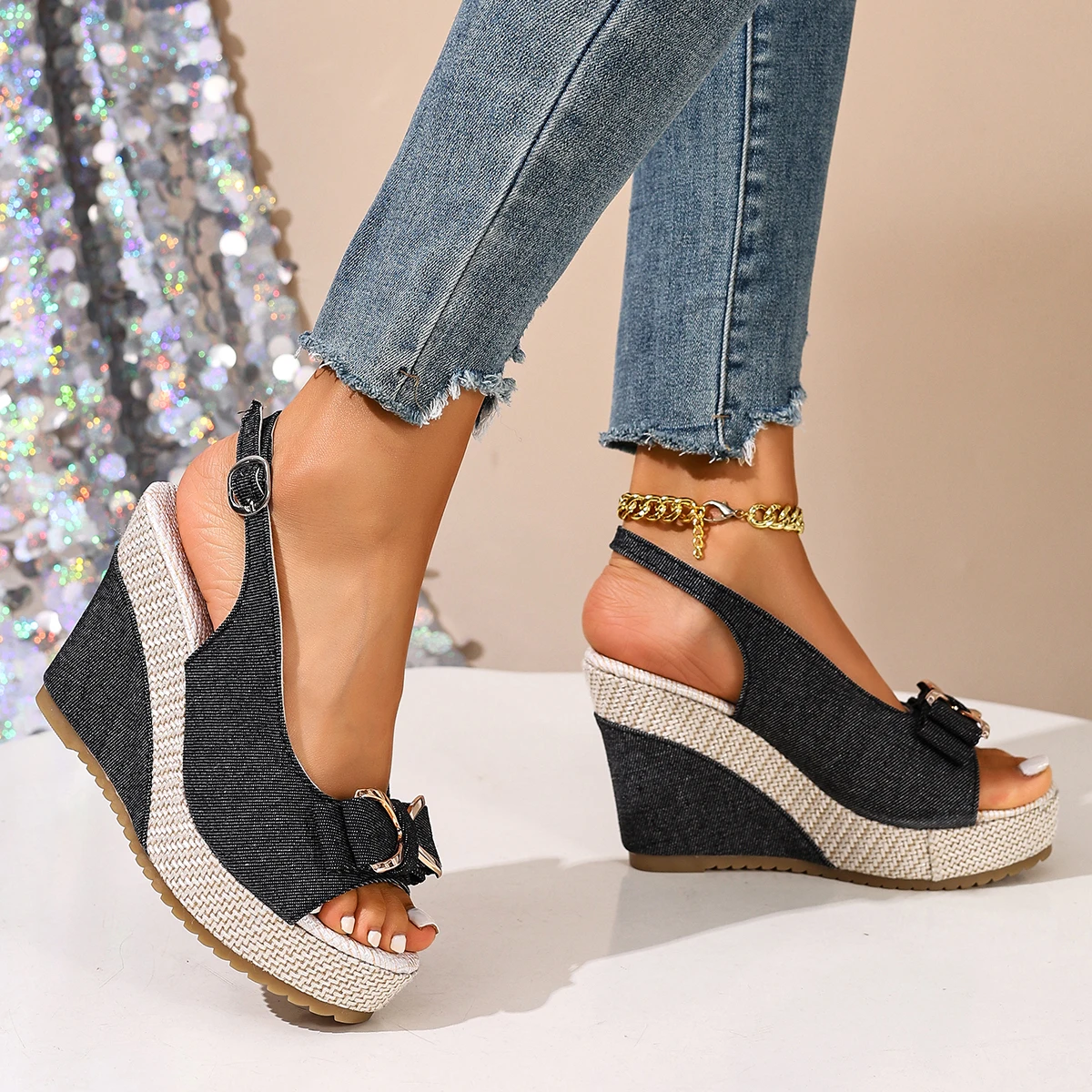 Comfortable Retro Women's Leather Wedge Platform Sandals Black_voghion.com