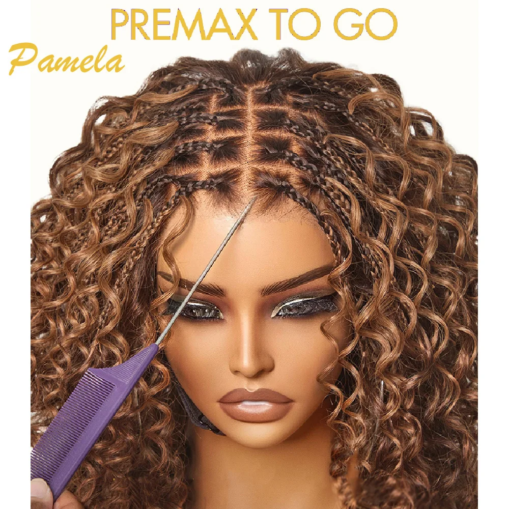 Boho Braided Deep Curly 7x5 Closure Lace with Braided Bob Glueless Wigs Human Hair Curly Deep Wave PrePlucked Bleached Knots Wig