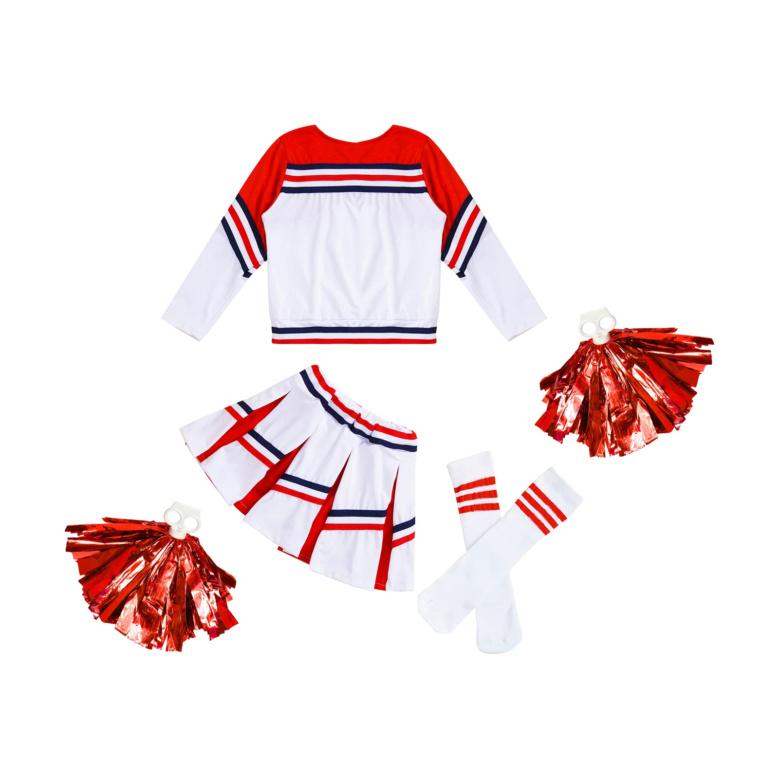 Kids Girls Cheerleading Cheer Dance Competition Costume Long Sleeve Shirt Skirts with Socks And Flower Balls Dancing Cosplay Set