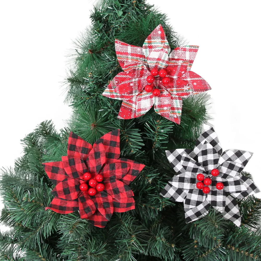 Creative Christmas Plaid Flower Artificial Fake Flowers Christmas Tree Simulation Flowers Home Courtyard Party Decorations Prop berry artificial flower fake red berries christmas flower new year s decor tree artificial berry christmas decoration for home