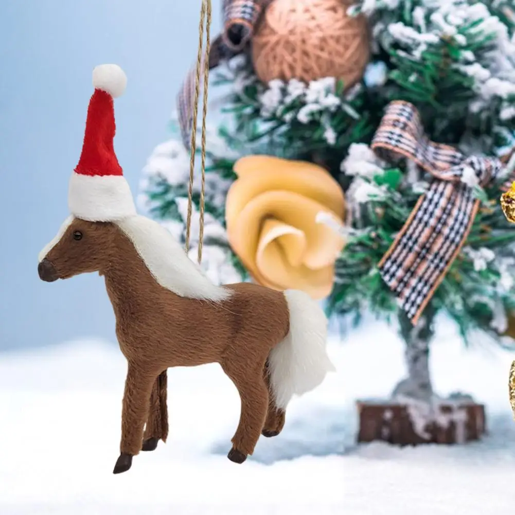 Horse Pendant Lovely Christmas Hat Simulation Animal Model Hanging Ornaments Faux Fur Horse Doll Christmas Tree Pendant Home Dec