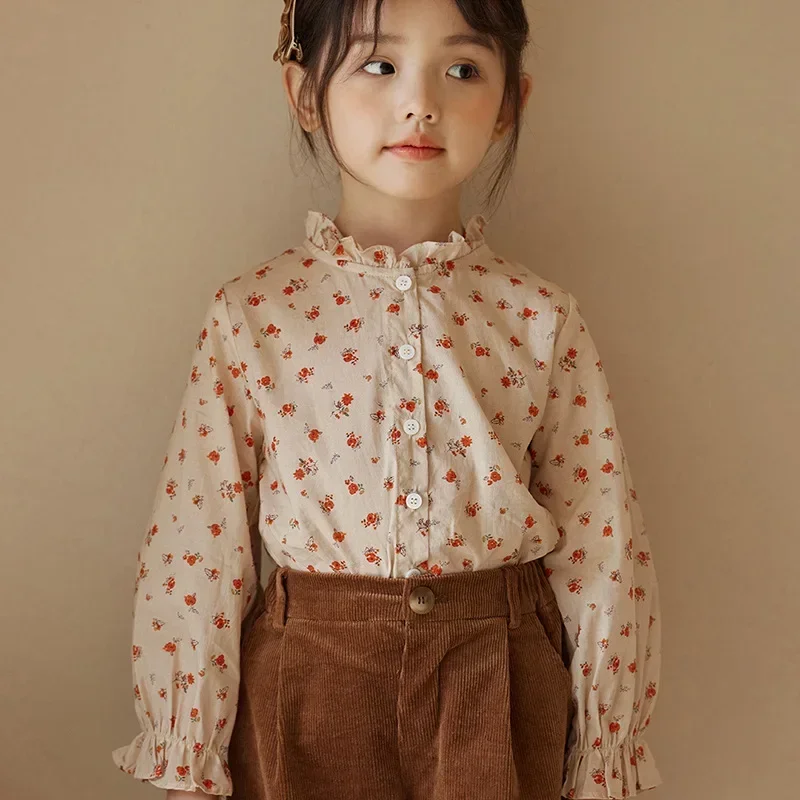 

2024 Spring Kids Baby Girls Cute Clothing - Children Flower Ruched Top Blouses Corduroy Solid Color Shorts ,toddler Clothes 2-7Y