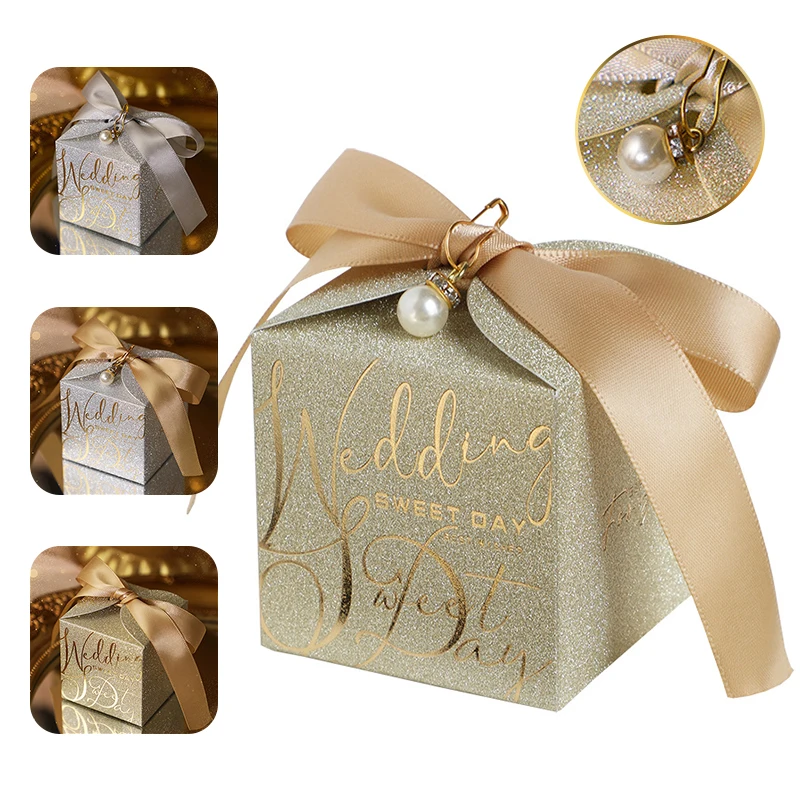 Wedding Candy Box With Pearl Ribbon Bow Glitter Powder Shell Gift Box