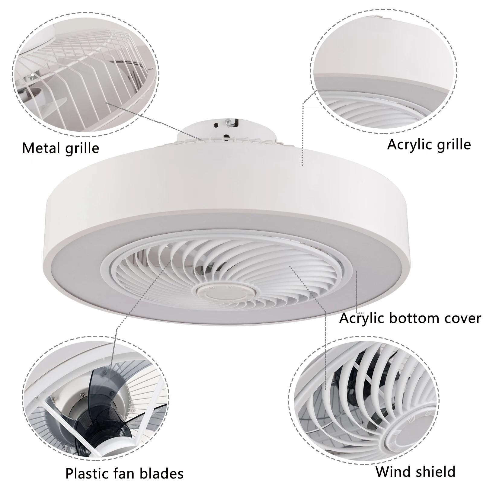 22" Enclosed Ceiling Fans with Lights Remote Control, Low Profile Flush Mount Ceiling Fan Light, 3 Colors Dimmable LED, 3 Sp