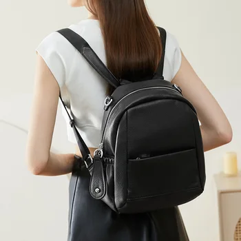 정품 가죽 소재 패션 백팩 여성용, 프레피 스타일 책가방 포함, 블랙