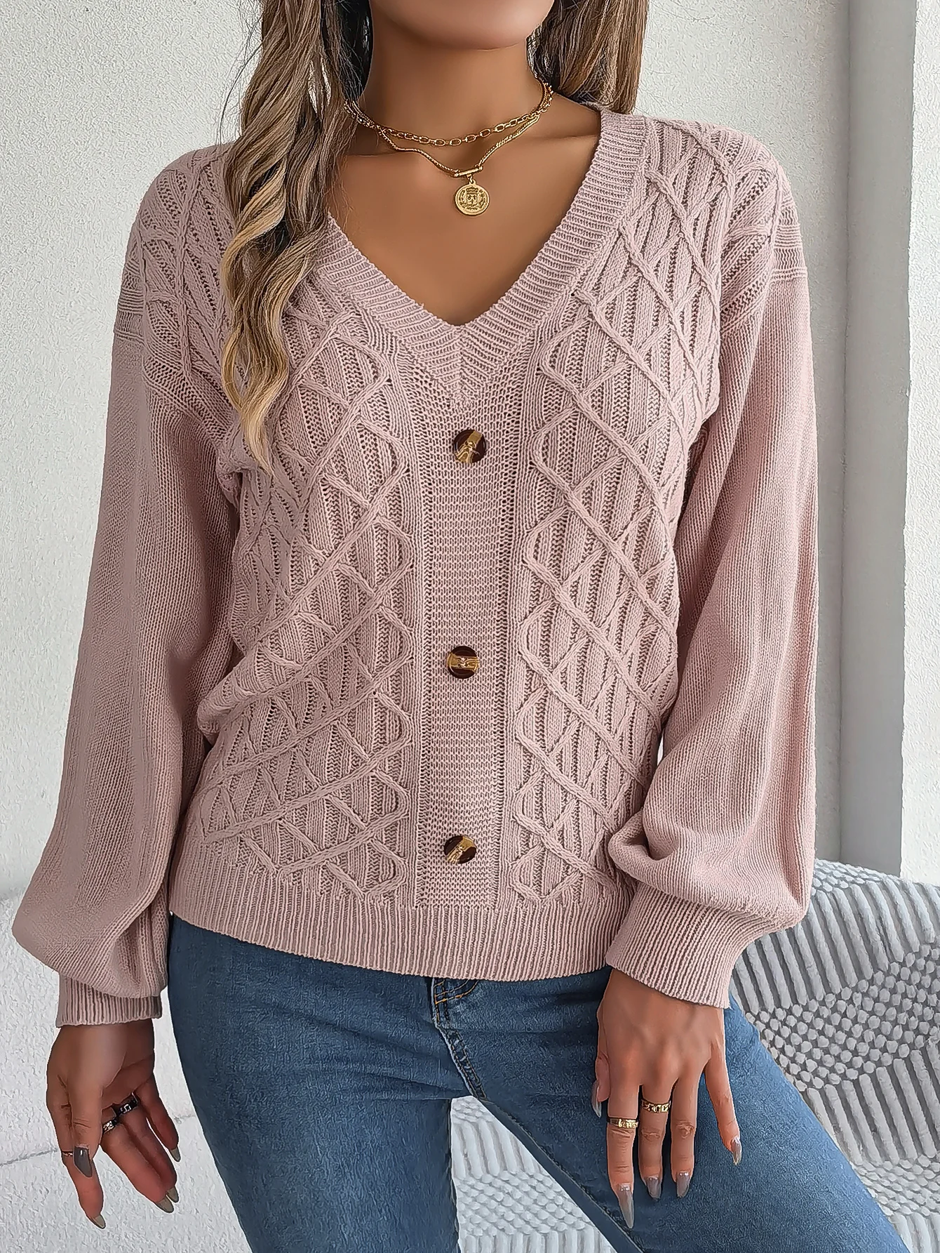 Women V Neck Knitted Sweater Pink White Khaki Grey Lantern Long Sleeve