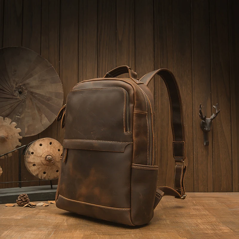 Handmade Crazy Horse Leather Backpack Cowhide Large Capacity Business Laptop Bag Vintage Genuine Leather School Bag Men Rucksack