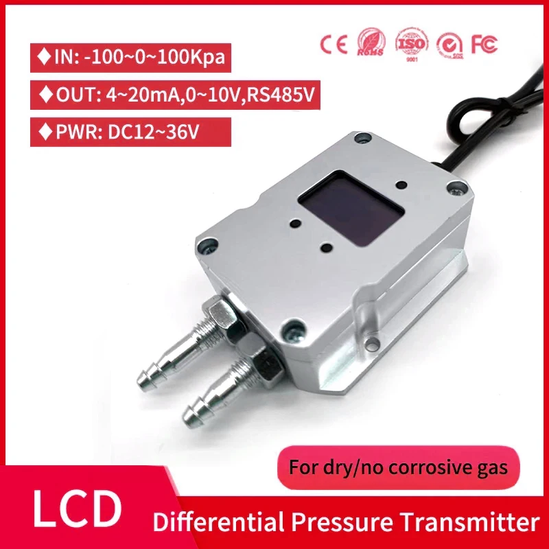 

LCD Air Pressure Sensor Digital Wind Differential Pressure Transmitter 4-20mA Out Sensor -50-0-50Kpa Gas Pressure Transmitter