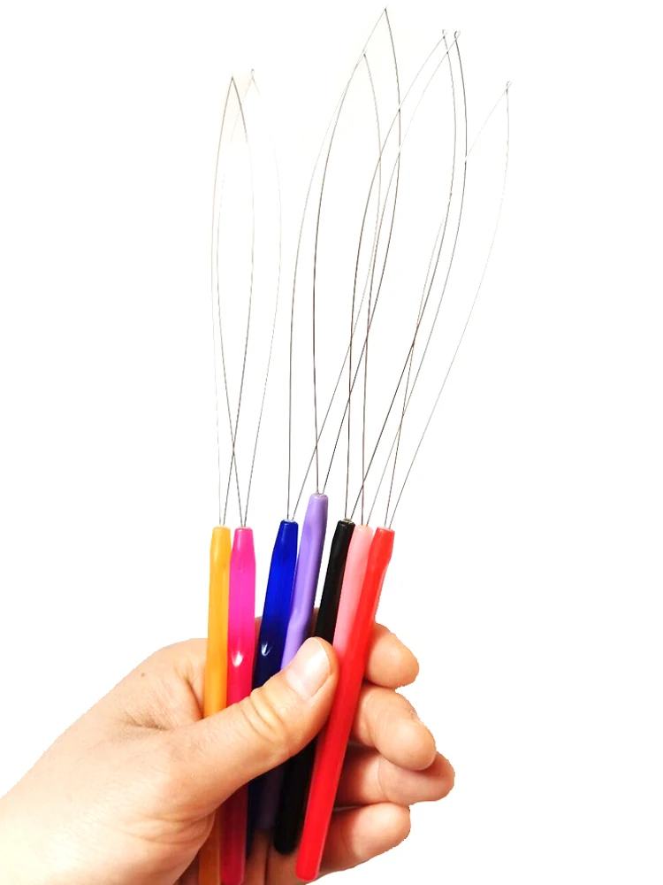 Hair Extensions Tool 1Pcs Random Color Hair Extensions Loop Needle Pulling Hook Tool Needle Threader Loop Tool for Silicone Microlink Beads