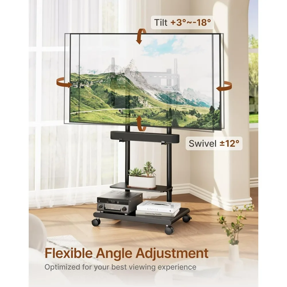 Mobile Swivel TV Stand with Soundbar Mount for 37-75 Inch TVs, Adjustable Tilt and Large Storage Capacity