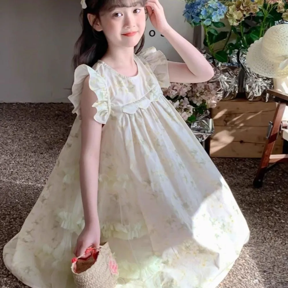 Floral Print Pleated Kids Ruffles Mesh Dress Sleeveless Round Neck Girls Puff Sleeve Skirt Loose Flower Lace