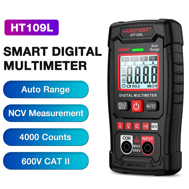스마트 디지털 멀티미터 자동 범위 4000 카운트, 600V AC/DC 전압 저항 연속성 NCV 테스트, 전기 기술자 테스터, HT109L
