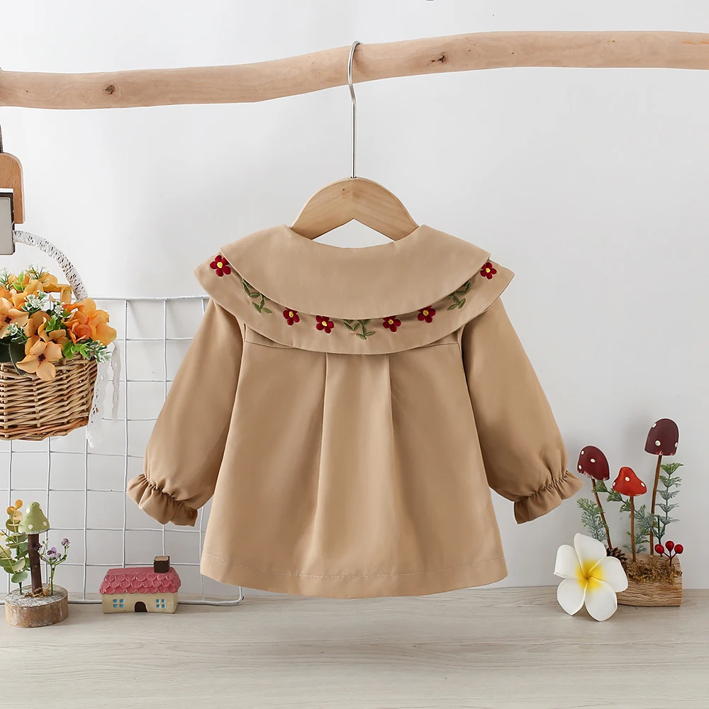 Baby Girl's Coat Spring and Autumn Girls' Solid Color Cotton Lapel Long Sleeved Windbreaker Top Cute Girls' Casual Jacket