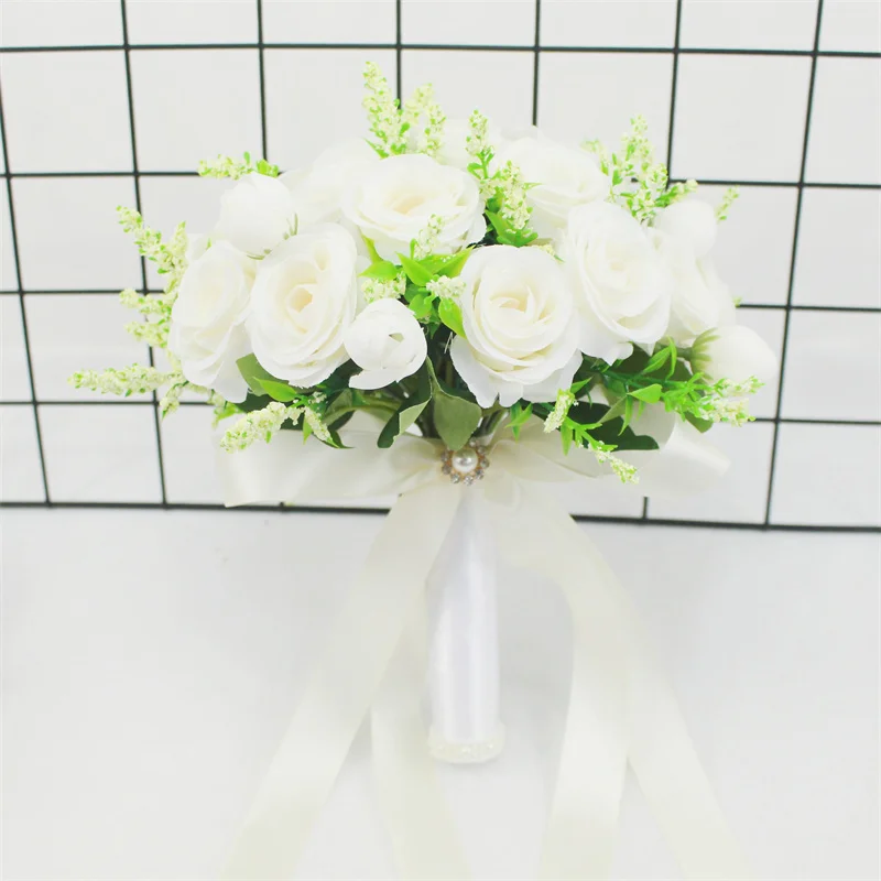 Braut Brautjungfer Hochzeitsstrauß Weiße Seidenblumen Rosen Handgefertigter Künstlicher Brautstrauß Hochzeitszubehör – Detail 2